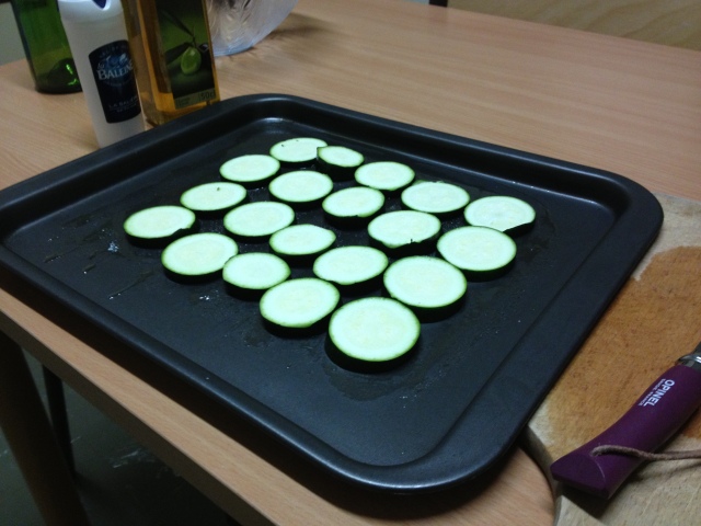 zucchini and a bit of olive oil, ready to go into the oven