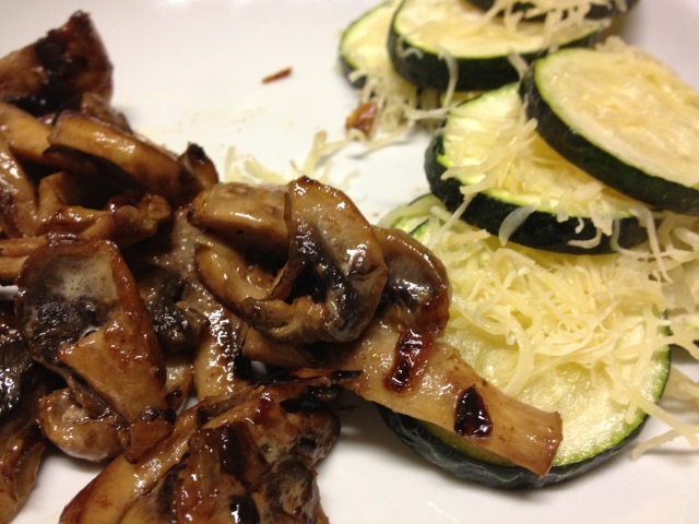 The final plate: mushrooms in cream sauce and parmesan-roasted zucchini